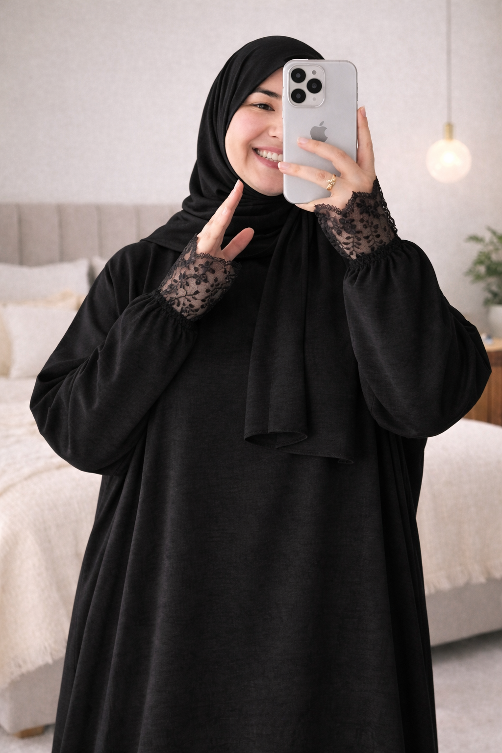 إسدال قماش كتان اسباني معرج  مزود ب كابيشو وطرحه مع دانتيل بالكمام والكابيشو