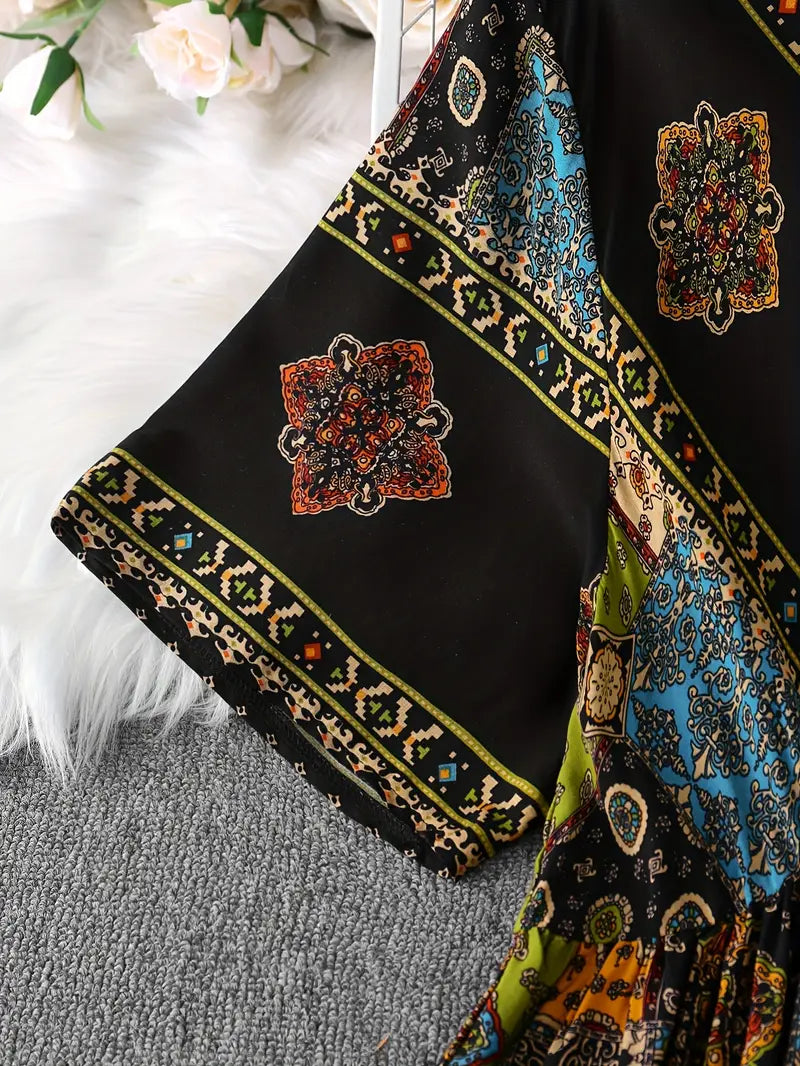 فستان بوهيمي بقصة على شكل حرف V، مقاس كبير للنساء بأكمام قصيرة، تصميم هندسي، قماش رايون 100%