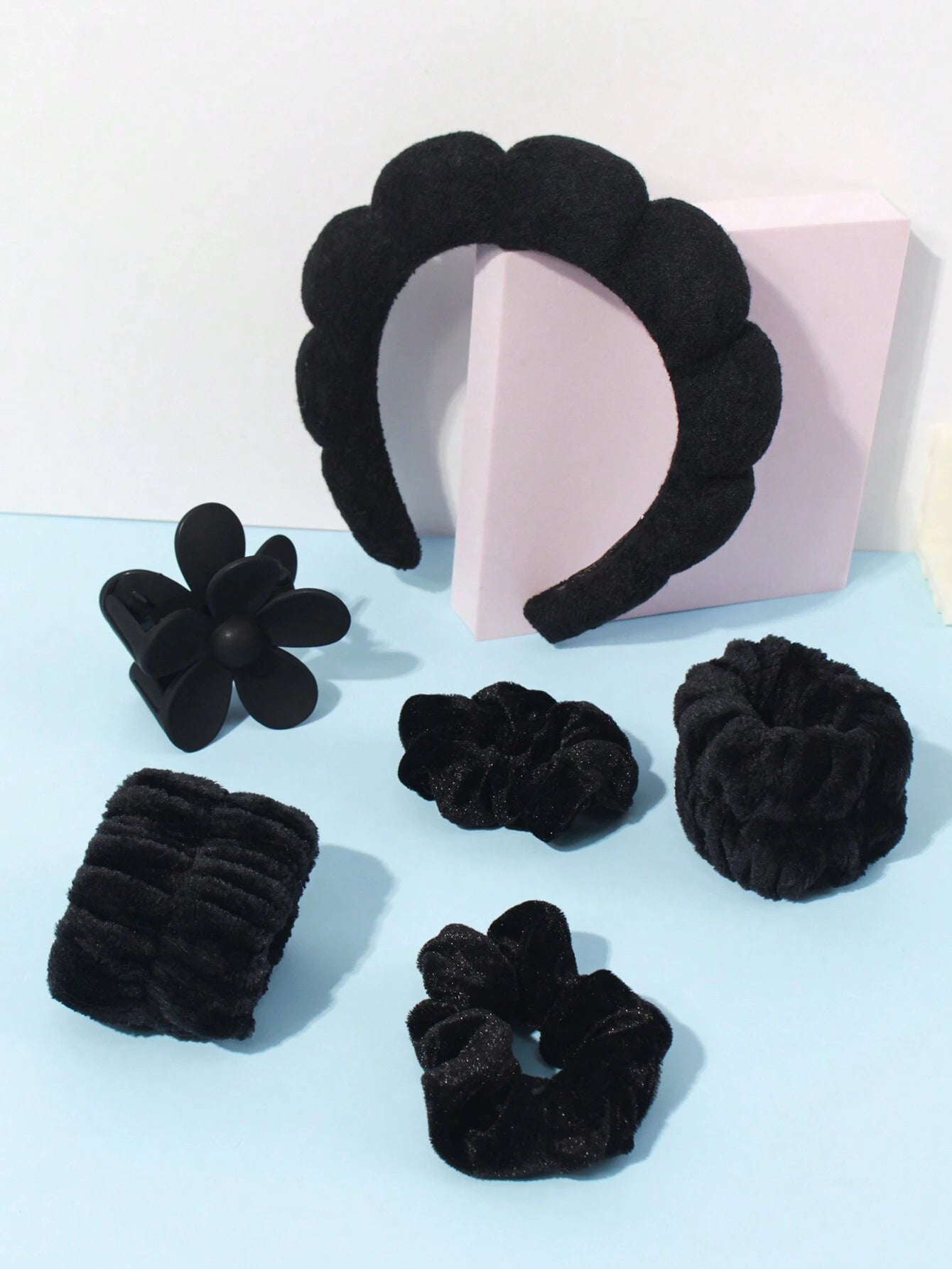 طقم عصابات رأس وغسيل الوجه6 قطع – مخمل وردي مع أقواس وفوم ناعم