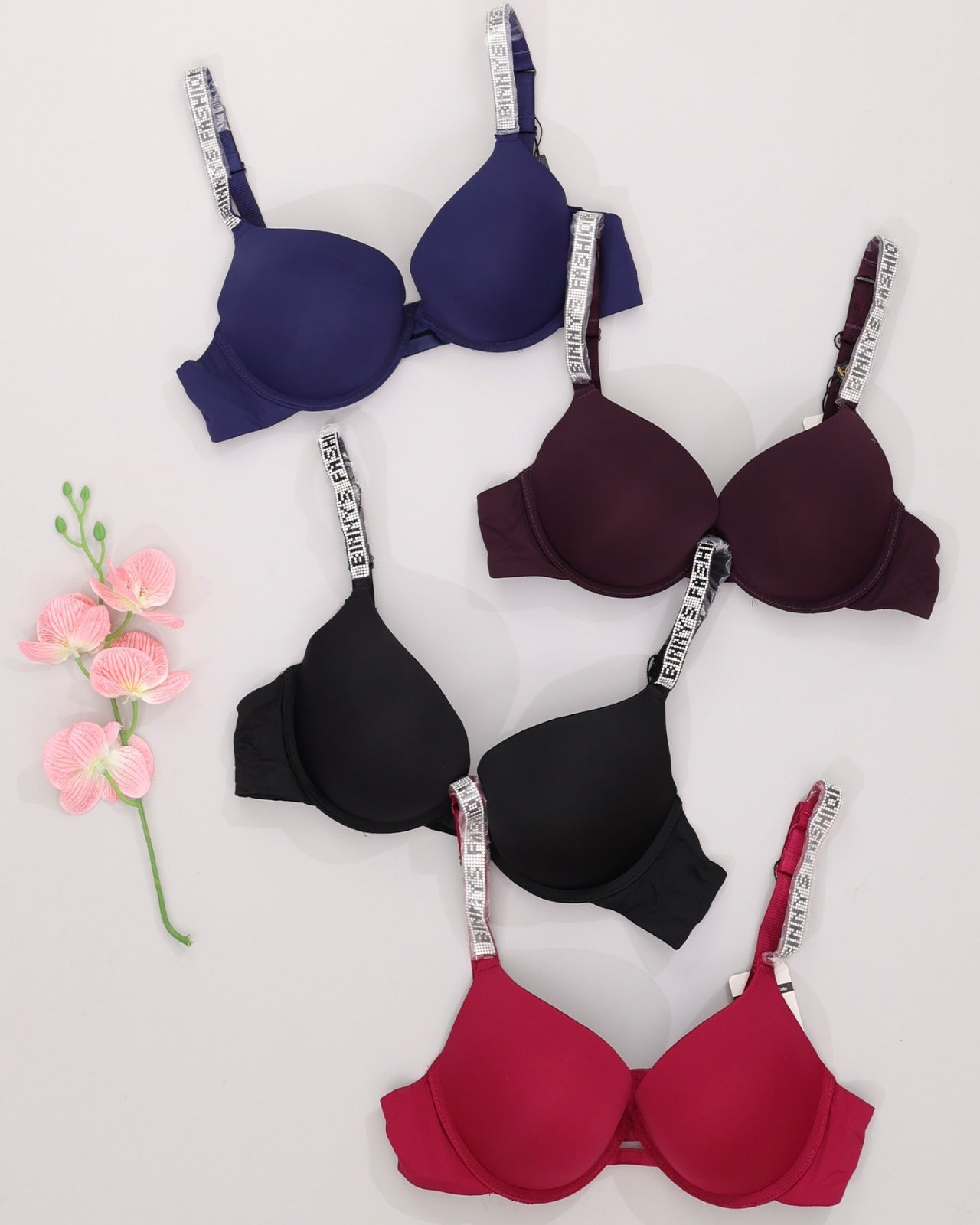 Women's Rhinestone Embellished Bra with Letter Shoulder Straps and Underwire Sports Bra