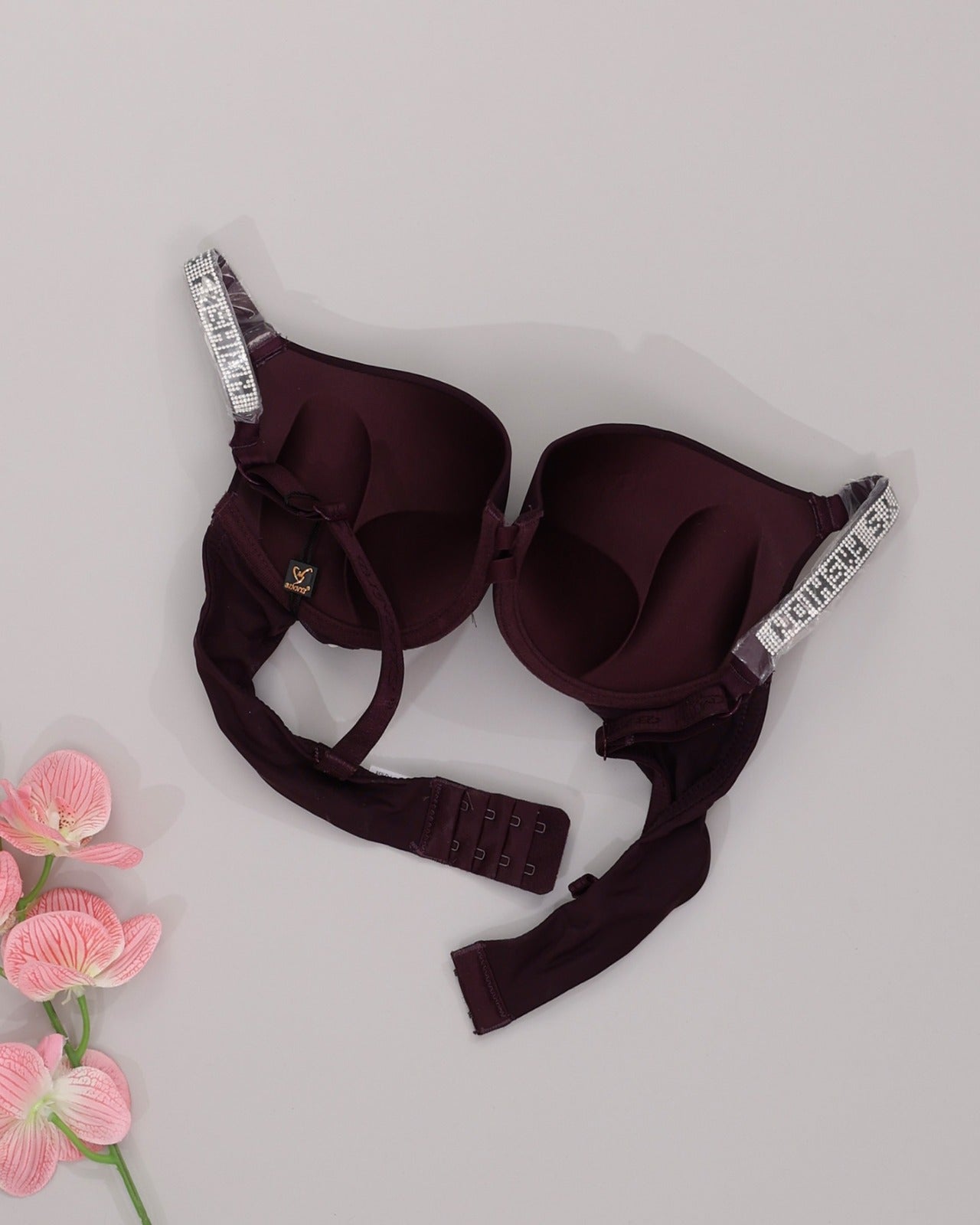 Women's Rhinestone Embellished Bra with Letter Shoulder Straps and Underwire Sports Bra