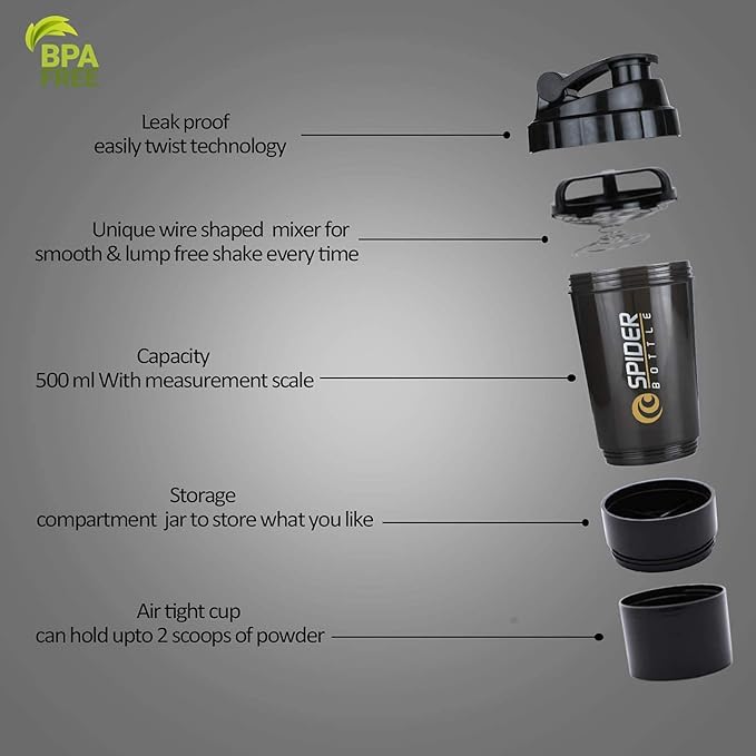 Giffy® Protein Spider Shaker BPA Free Gym Mixer Water Bottle, Leakproof, 500ml