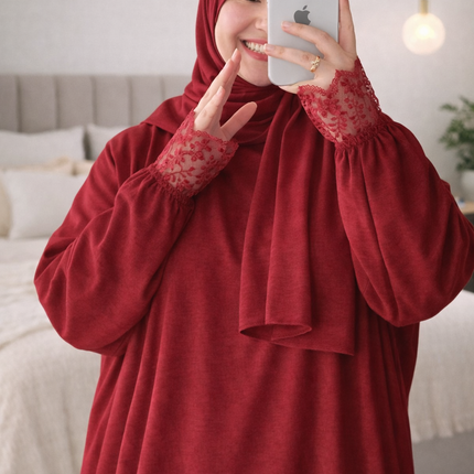 إسدال قماش كتان اسباني معرج  مزود ب كابيشو وطرحه مع دانتيل بالكمام والكابيشو