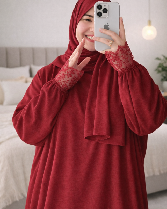 إسدال قماش كتان اسباني معرج  مزود ب كابيشو وطرحه مع دانتيل بالكمام والكابيشو