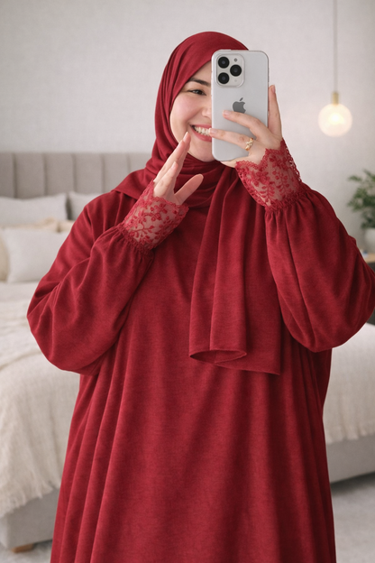 إسدال قماش كتان اسباني معرج  مزود ب كابيشو وطرحه مع دانتيل بالكمام والكابيشو