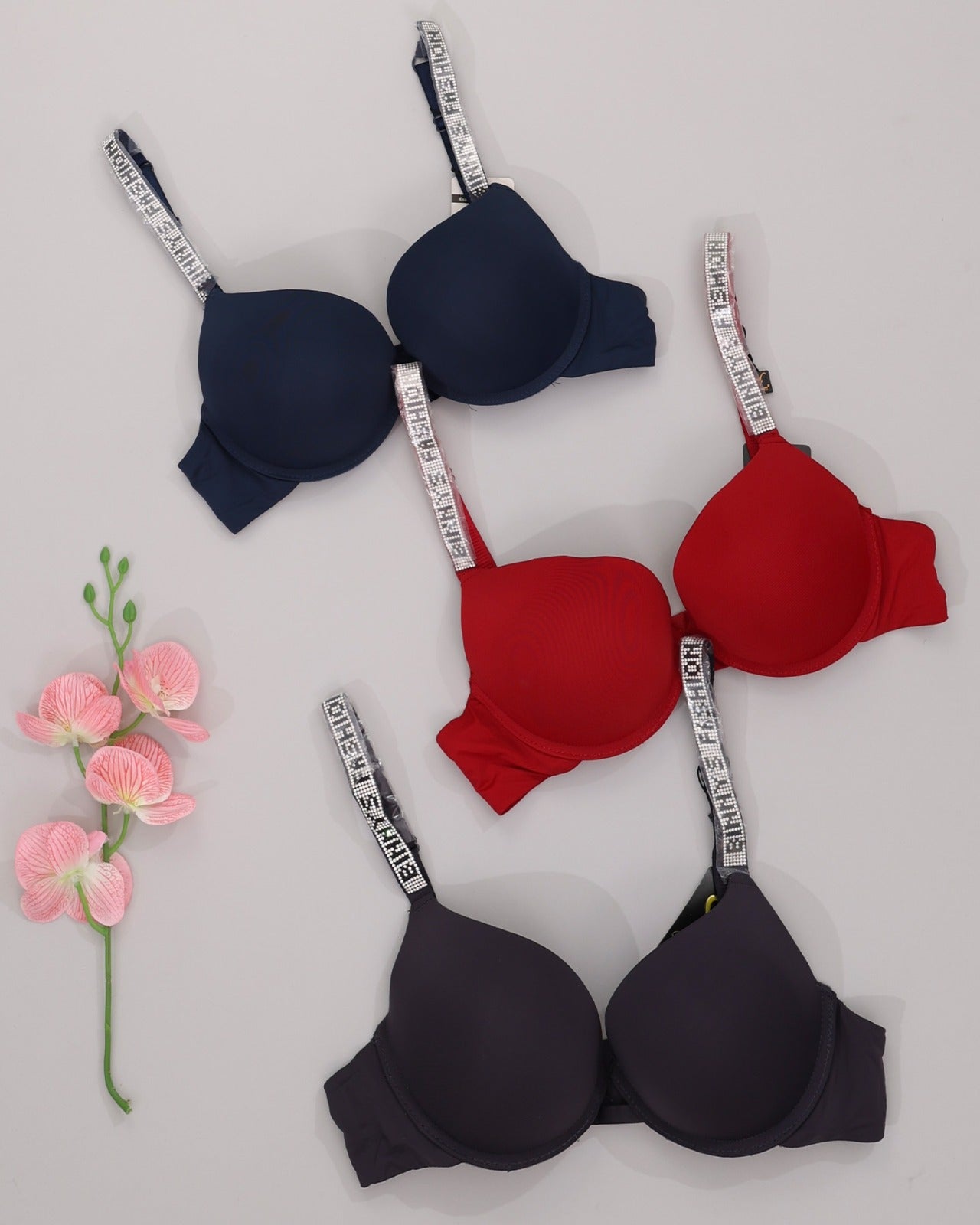 Women's Rhinestone Embellished Bra with Letter Shoulder Straps and Underwire Sports Bra