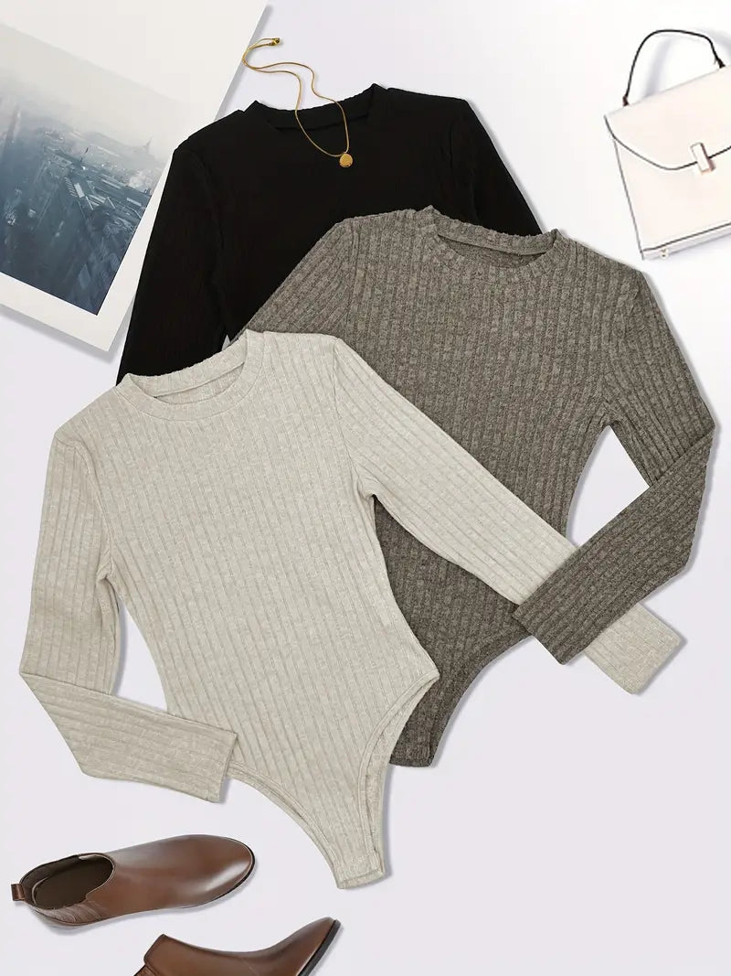 3قطع بادي سوت ضيق بحياكة مضلعة من Shein