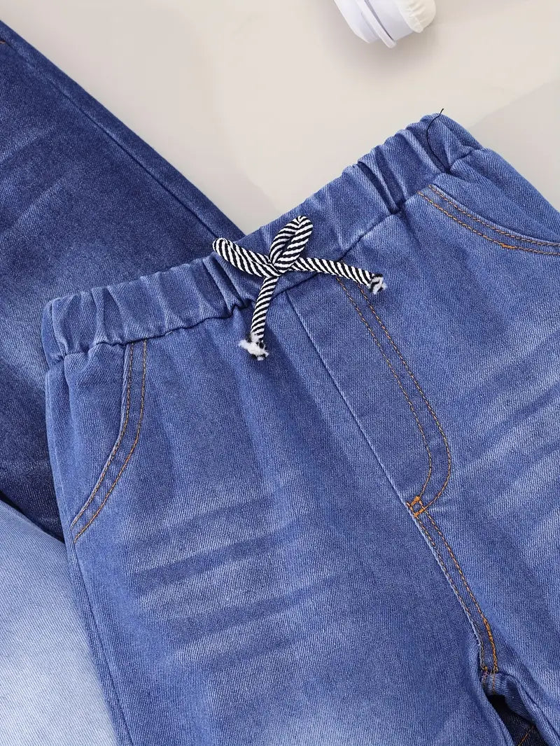 3قطع من بنطلونات جينز كاجوال كلاسيكية للأولاد - بنطلون أزرق فاتح بساق مستقيمة مع رباط خصر قابل للتعديل وأساور مرنة