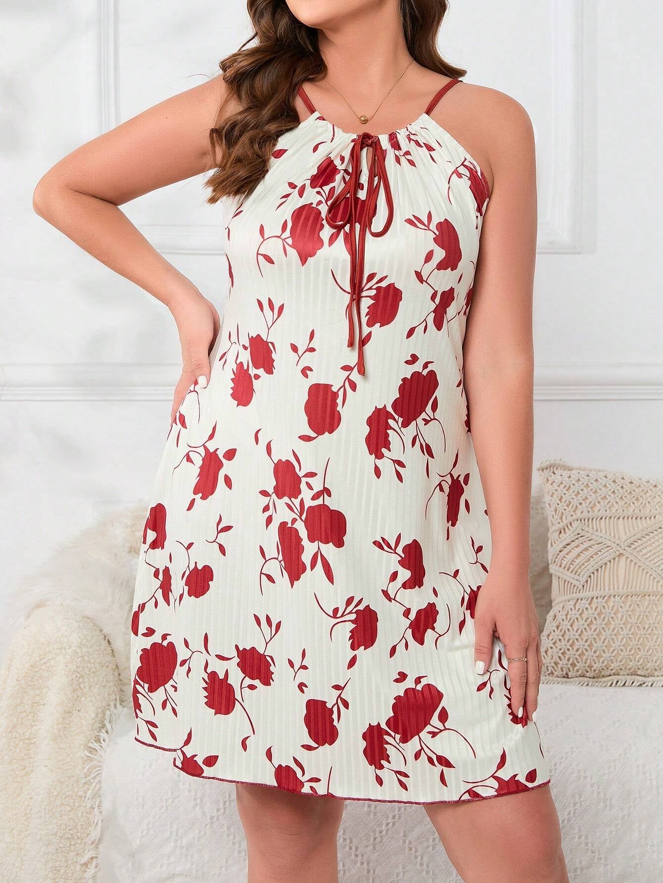 قميص نوم نسائي مطبوع عليه زهور بأشرطة رفيعة، Shein