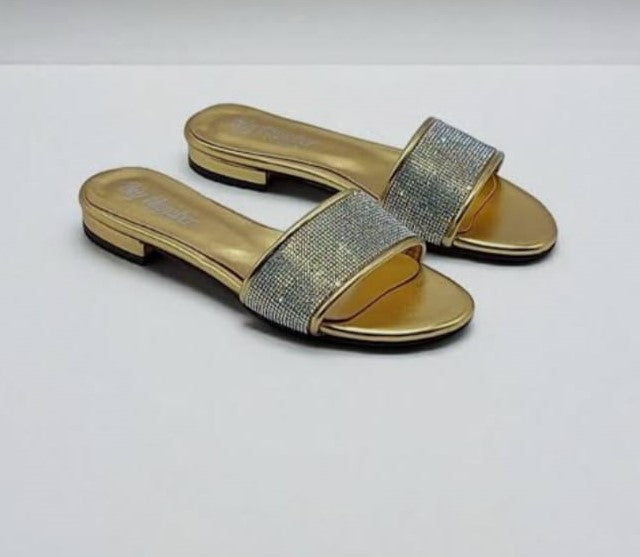 صندل سلايد بديكور حجر الراين مسطح براقة زجاج نساء