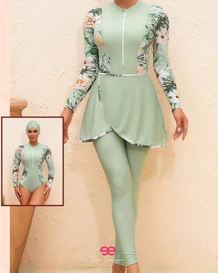 مايوه بوركيني نسائي بطبعة زهور مع قبعة4قطع