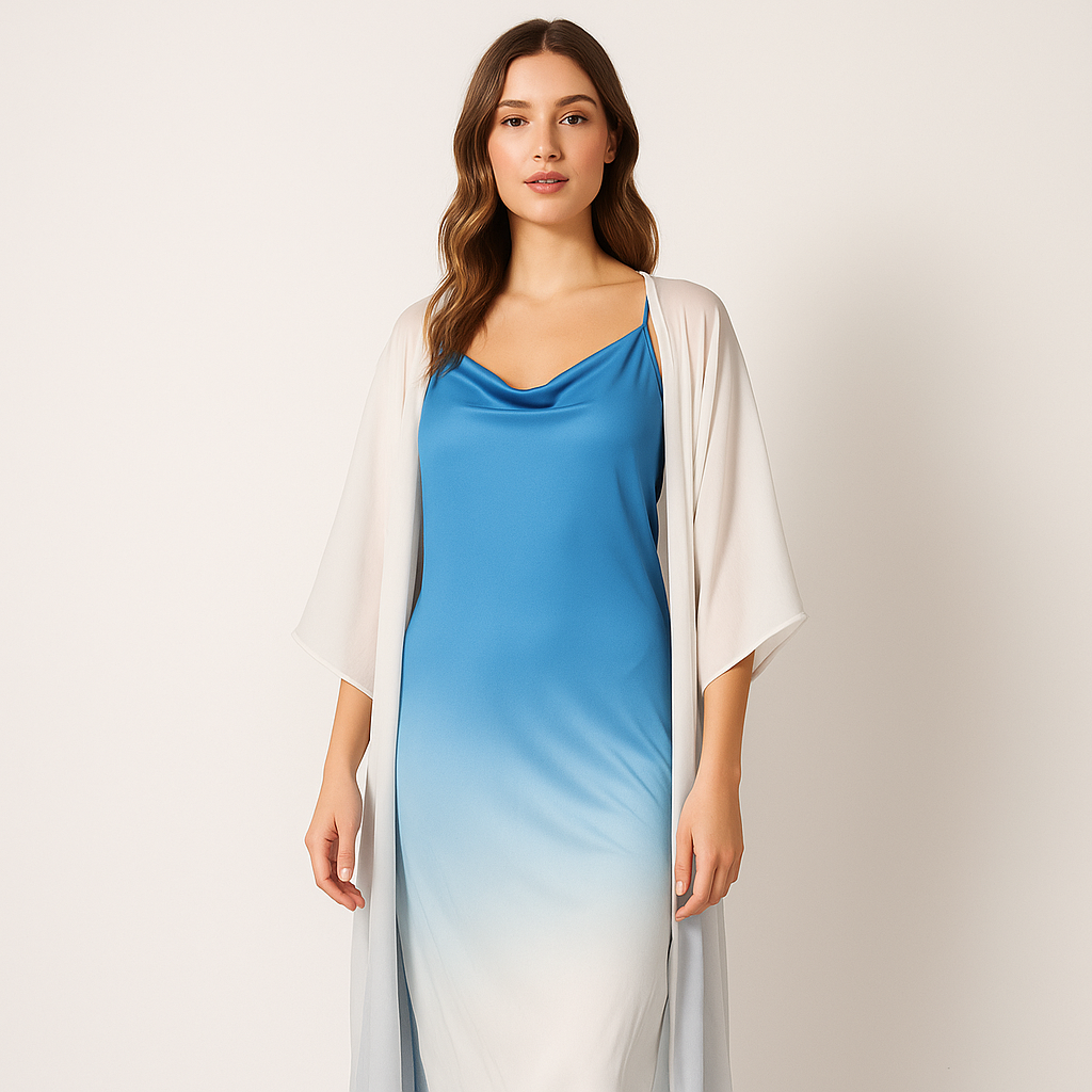 طقم نسائي (قطعتين): كارديجان بأكمام طويلة وفتحة أمامية مع فستان كامي بألوان متدرجة من شي إن