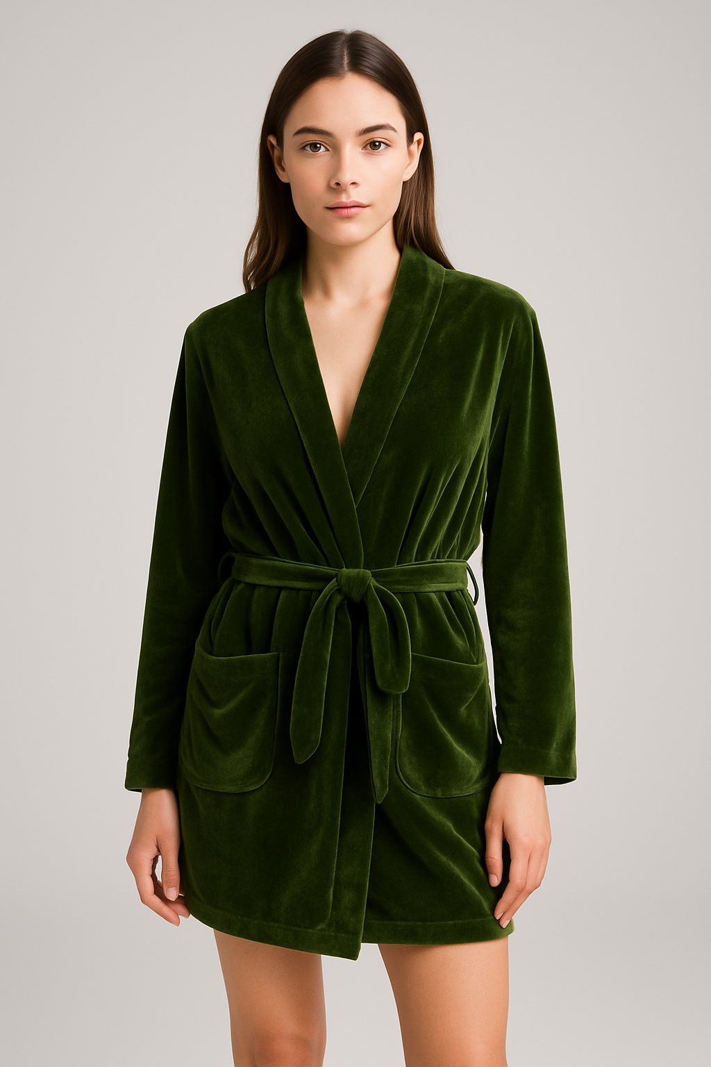Flannel robe with belt and contrasting trim