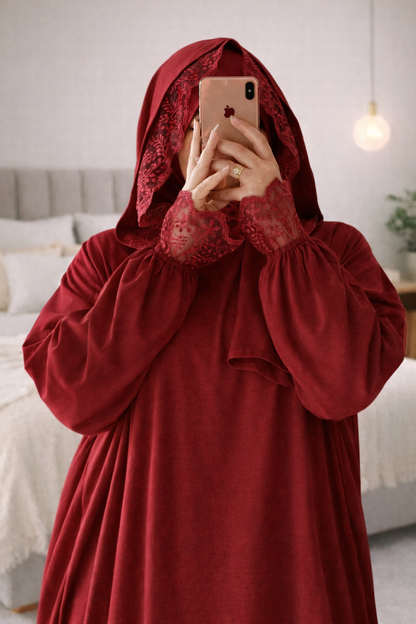 إسدال قماش كتان اسباني معرج  مزود ب كابيشو وطرحه مع دانتيل بالكمام والكابيشو