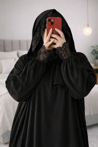 إسدال قماش كتان اسباني معرج  مزود ب كابيشو وطرحه مع دانتيل بالكمام والكابيشو