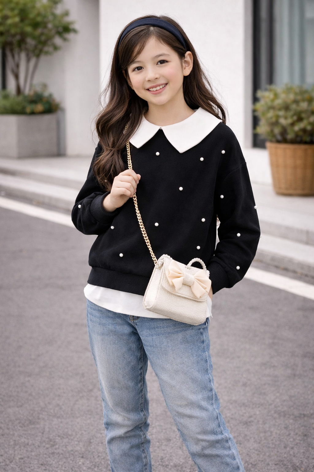 بلوزه مطرزه باللؤلؤ وياقة متباينة قطعتان في واحد من شي إن توين جيرل