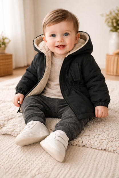 جاكيت بناتي كاجوال سادة بأكمام طويلة بكابيشو وسحاب من الصوف من شي إن