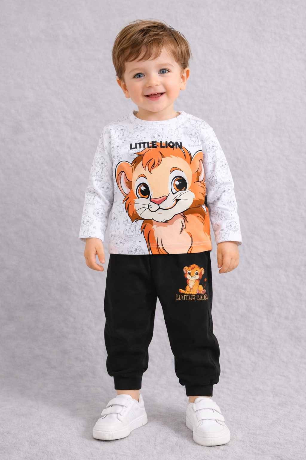 طقم ولادي (قطعتين): سويت شيرت وبنطلون رياضي كاجوال بطبعة أسد