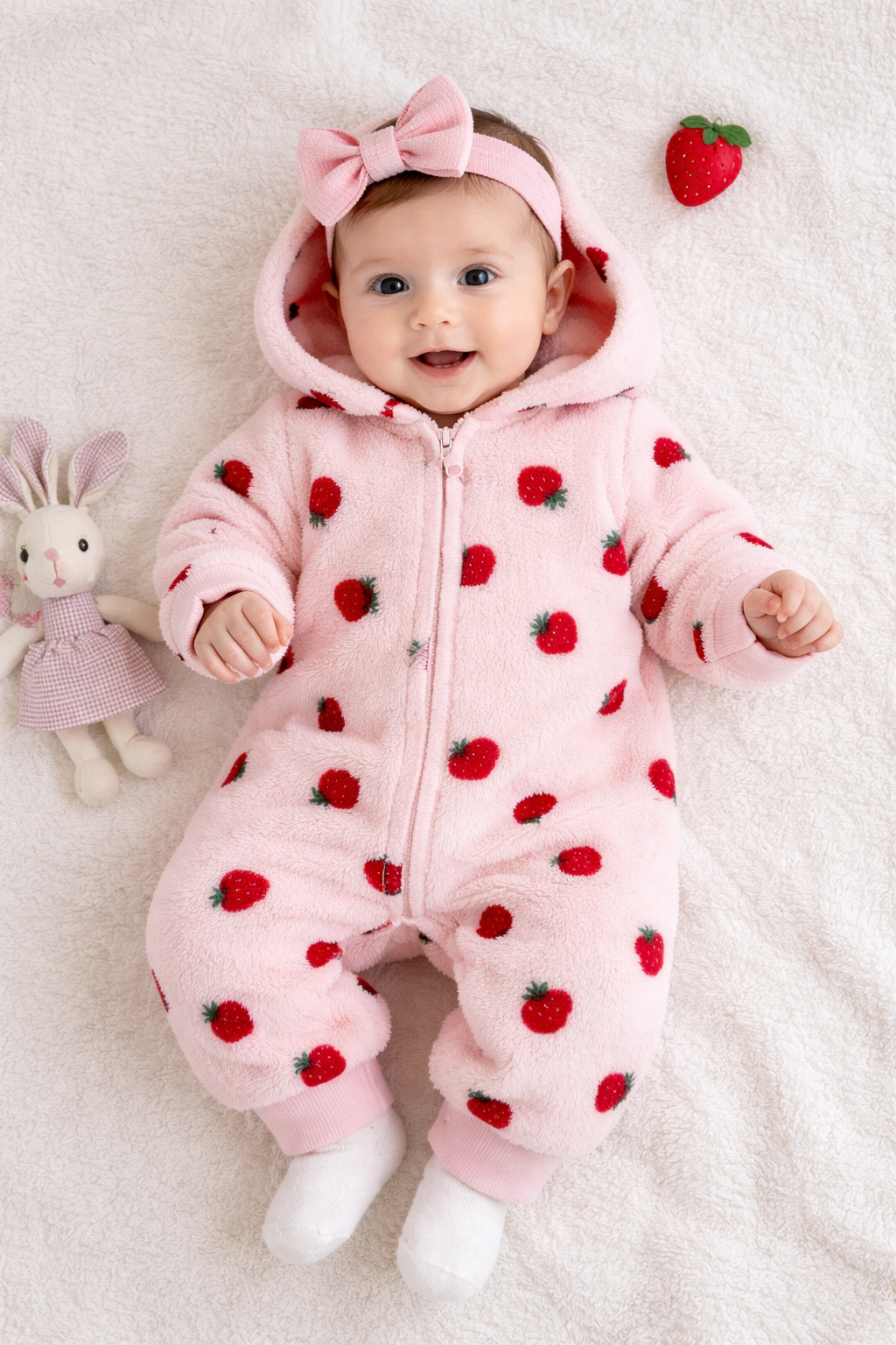 جمبسوت بناتي بكابيشو وسحاب وأكمام طويلة مزين بالفراولة من كوزي بيكسيز