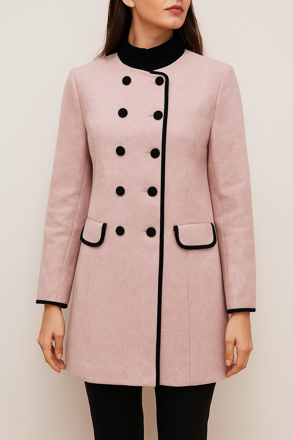 معطف طويل بياقة كنق وبلون وردي هادئ من Shein