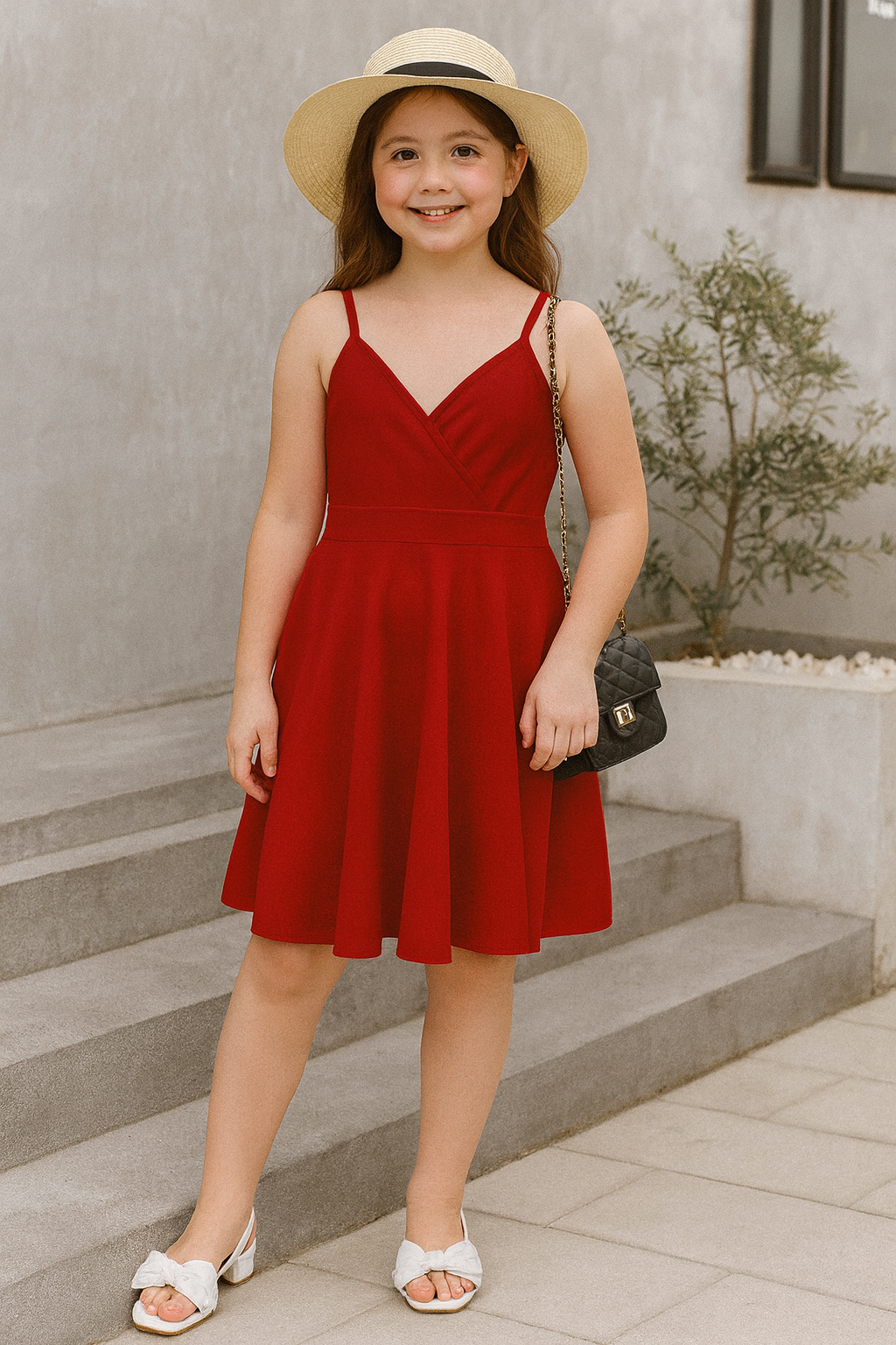 فستان بناتي سوينغ سادة بحمالات رفيعة وكسرات متداخلة