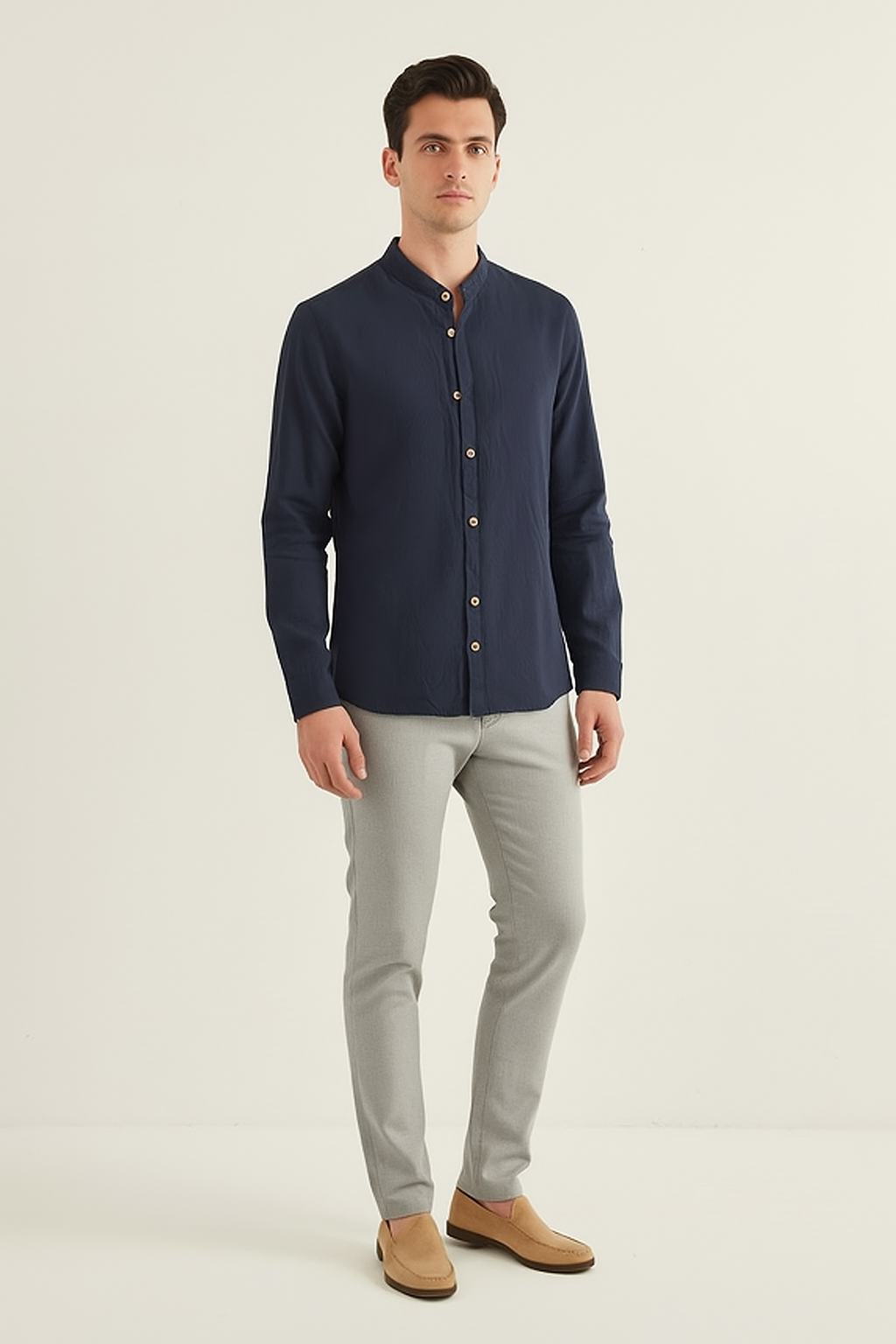 قميص رجالي كحلي بياقة صيني