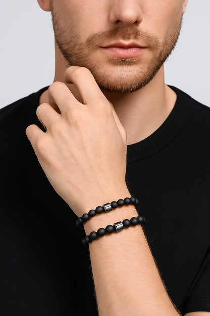 2قطعه من سوار مزدوج من خرز العقيق الأسود بتصميم بسيط وأنيق