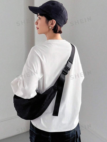 تي شيرت نسائي سادة منخفض الأكتاف بفتحة جانبية من فريفول - شي إن
