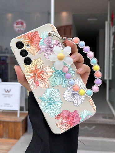 جراب هاتف أبيض بتصميم زهور ملونة وسوار من الخرز مزين بزهرة بيضاء (قطعة واحدة)