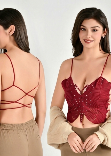 توب حمالات دانتيل علي شكل فراشه صيفي للنساء – كاجوال وأنيق