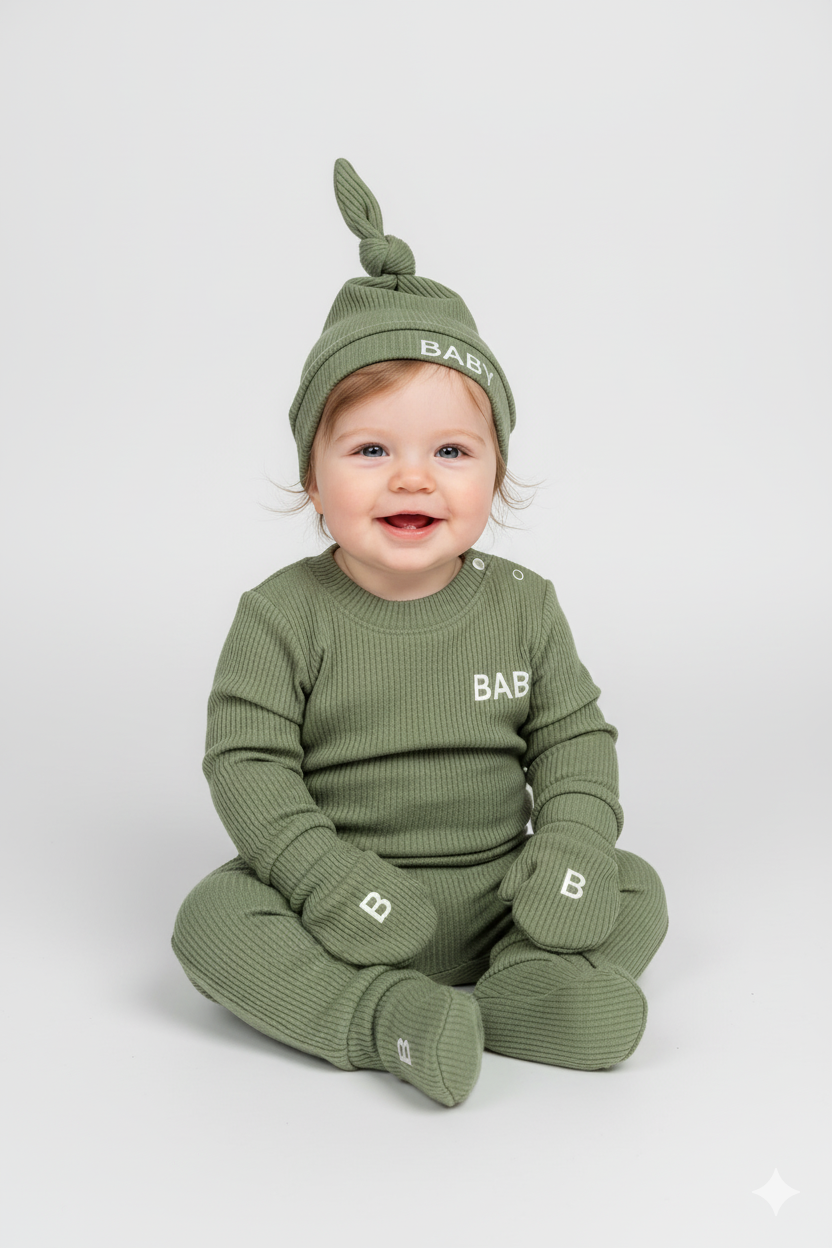 طقم ملابس أطفال رضّع باللون الأخضر الزيتوني من Shein