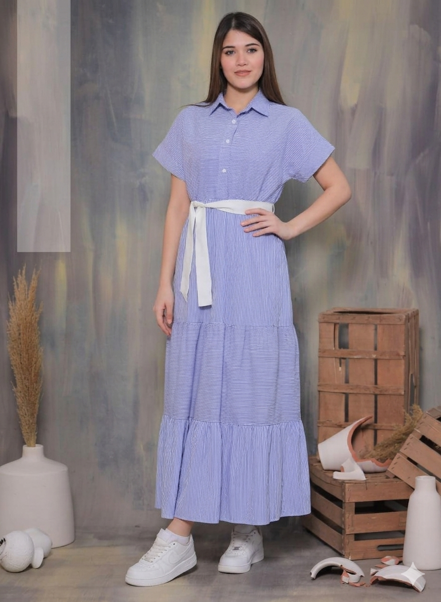 فستان نسائي صيفي مخطط أزرق وأبيض بدون أكمام