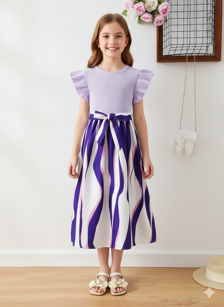 فستان SHEIN للفتيات  ذو رقبة دائرية وأكمام قصيرة ومخطط ومكشكش