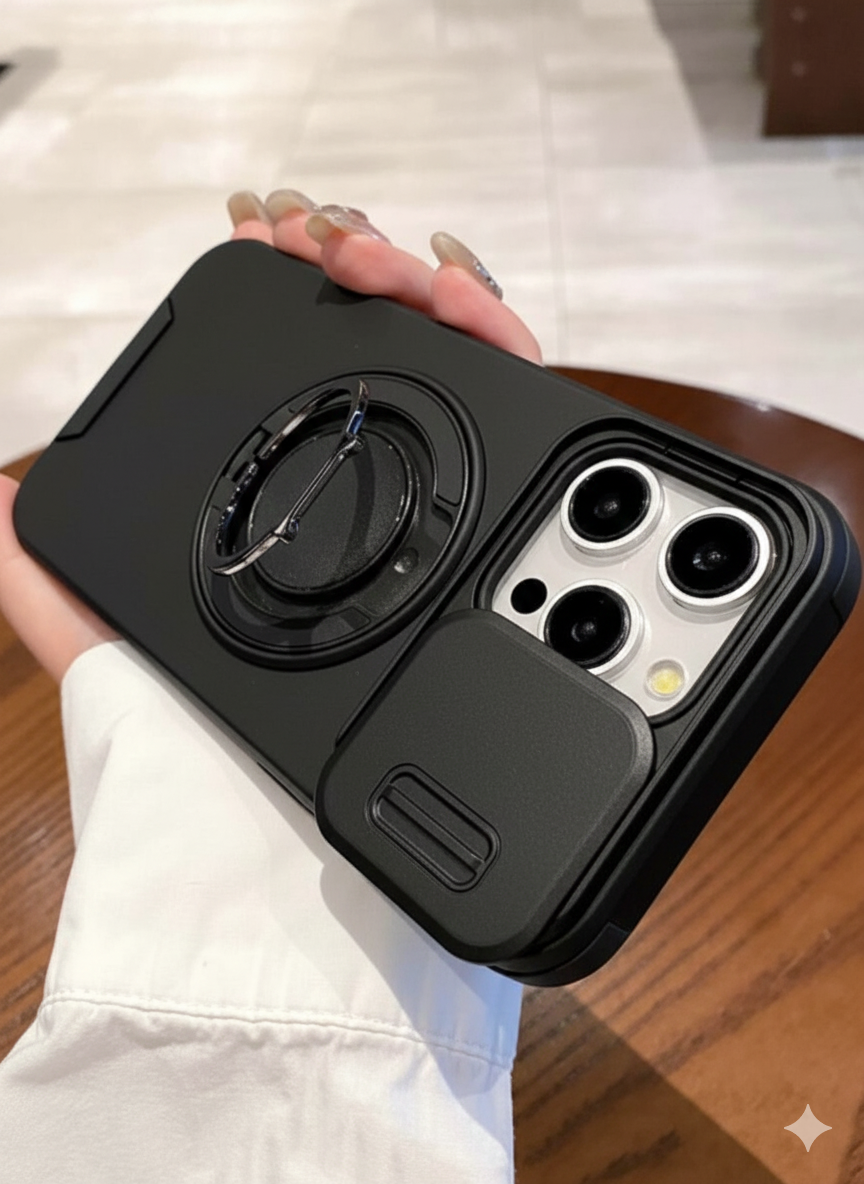 جراب هاتف مزود بحلقة تثبيت منزلقة وحامل، يدعم الشحن اللاسلكي،  iPhone 15 Plus