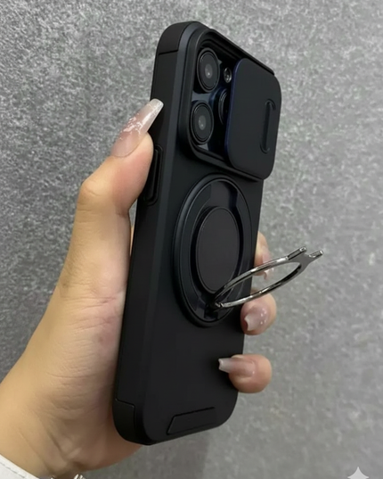 جراب هاتف مزود بحلقة تثبيت منزلقة وحامل، يدعم الشحن اللاسلكي،  iPhone 15 Plus