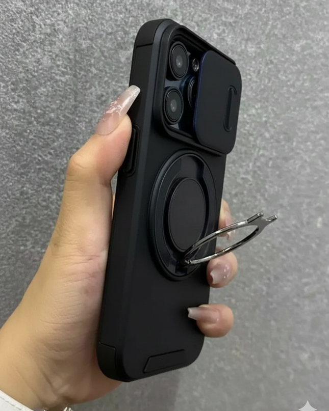 جراب هاتف مزود بحلقة تثبيت منزلقة وحامل، يدعم الشحن اللاسلكي،  iPhone 15 Plus