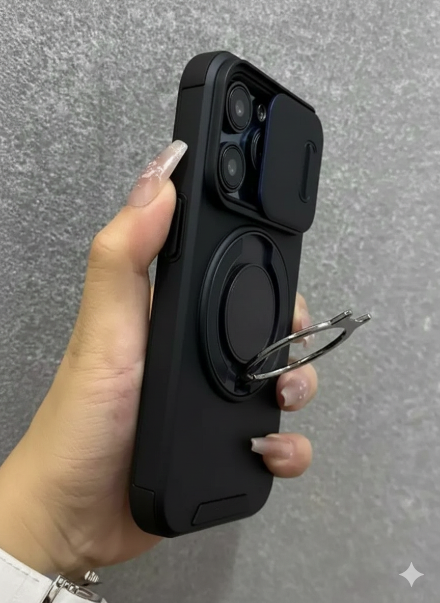 جراب هاتف مزود بحلقة تثبيت منزلقة وحامل، يدعم الشحن اللاسلكي،  iPhone 15 Plus