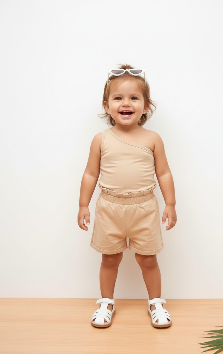 طقم بيبي بناتي من شي إن – تيشيرت بلا أكمام بكتف مائل مع شورت، 2 قطعة