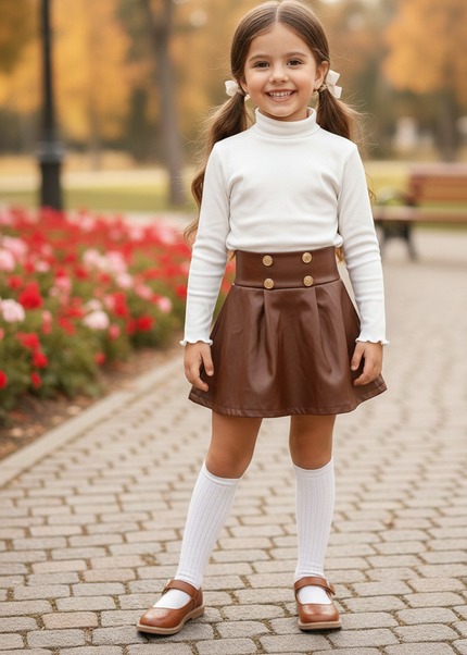 تنورة SHEIN Tween Girl ذات خصر ورقي وأزرار أمامية من مادة البولي يوريثان