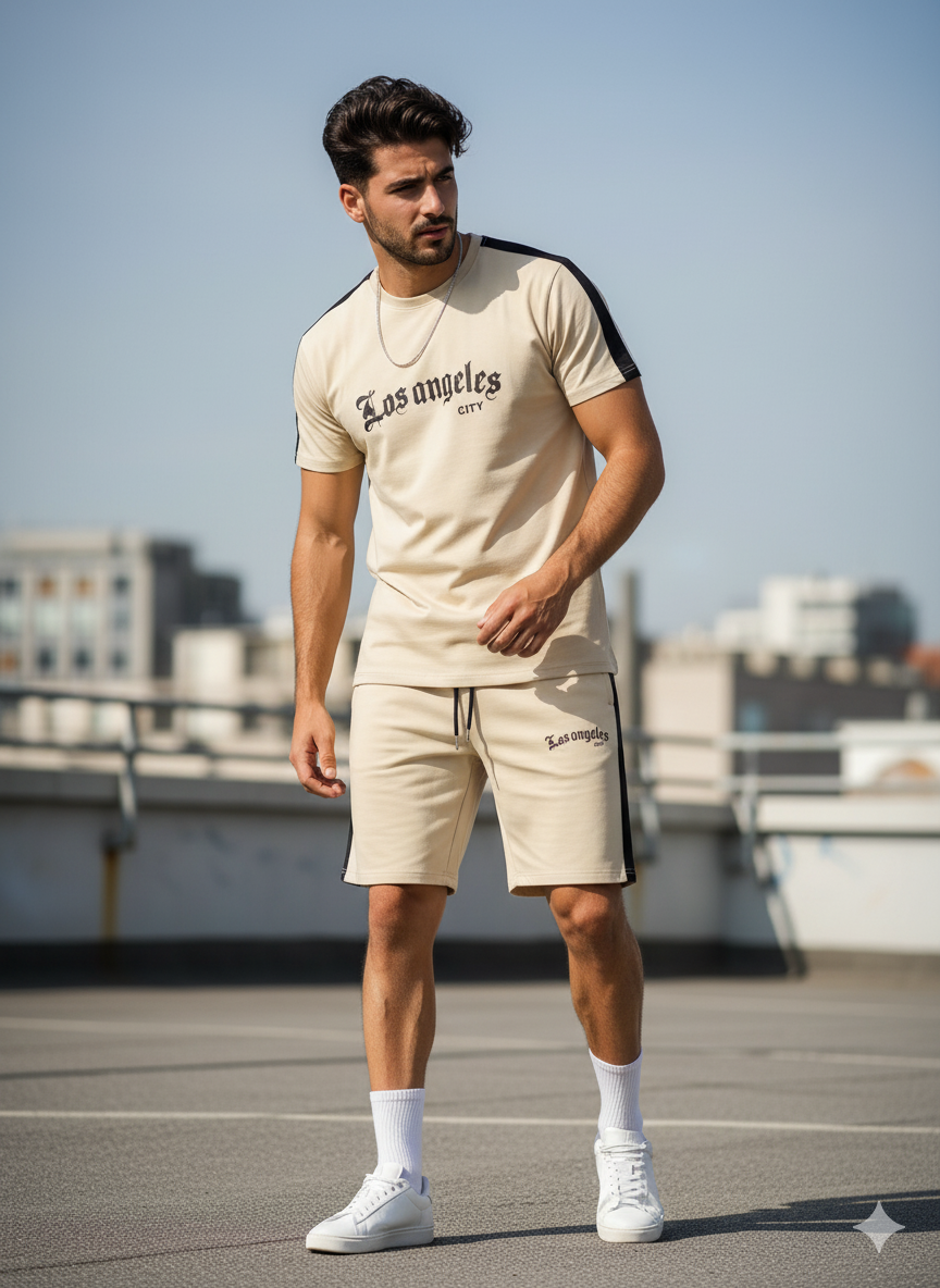 طقم رجالي: تيشيرت بأكمام قصيرة وشورت بطبعة شعار من مانفينيتي هوم