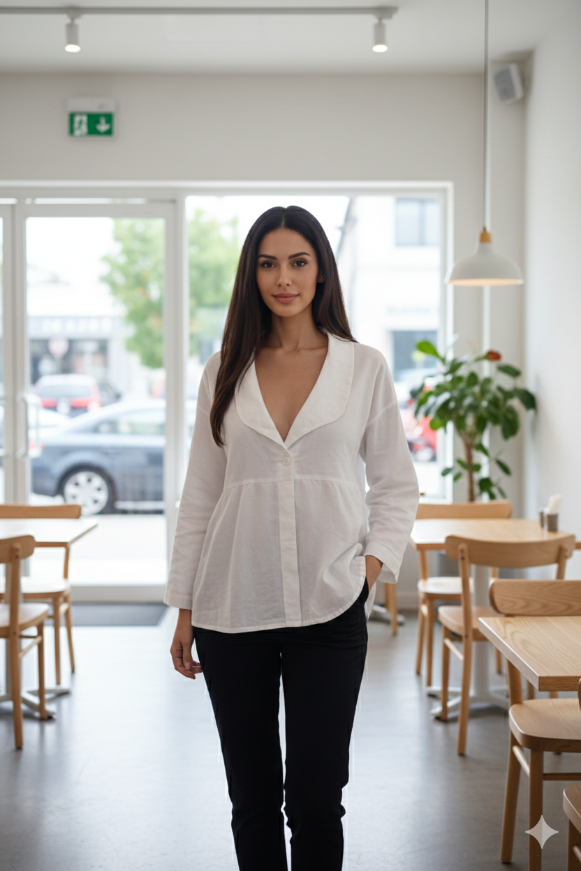 بلوزة نسائية بيضاء واسعة بأكمام ثلاثية الربع وياقة كلاسيكية