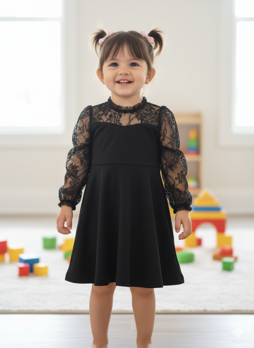 فستان بناتي أسود بأكمام دانتيل ناعمة من Shein