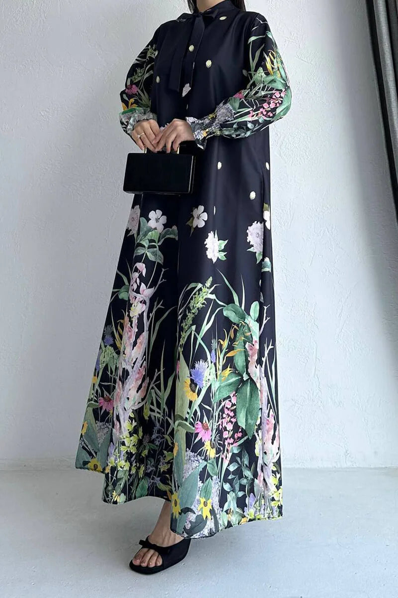 فستان أنيق بنقشة زهور مع رباط خصر وجيوب