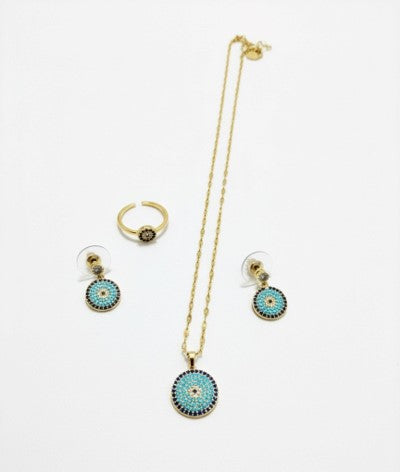 طقم مجوهرات أنيق بتصميم العين الزرقاء – عقد، أقراط وخاتم ذهبي