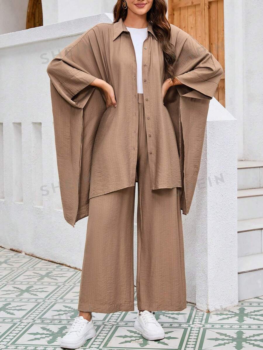 طقم نسائي (قطعتين): قميص بأكمام خفاش وبنطلون بلون سادة من مولفاري - شي إن
