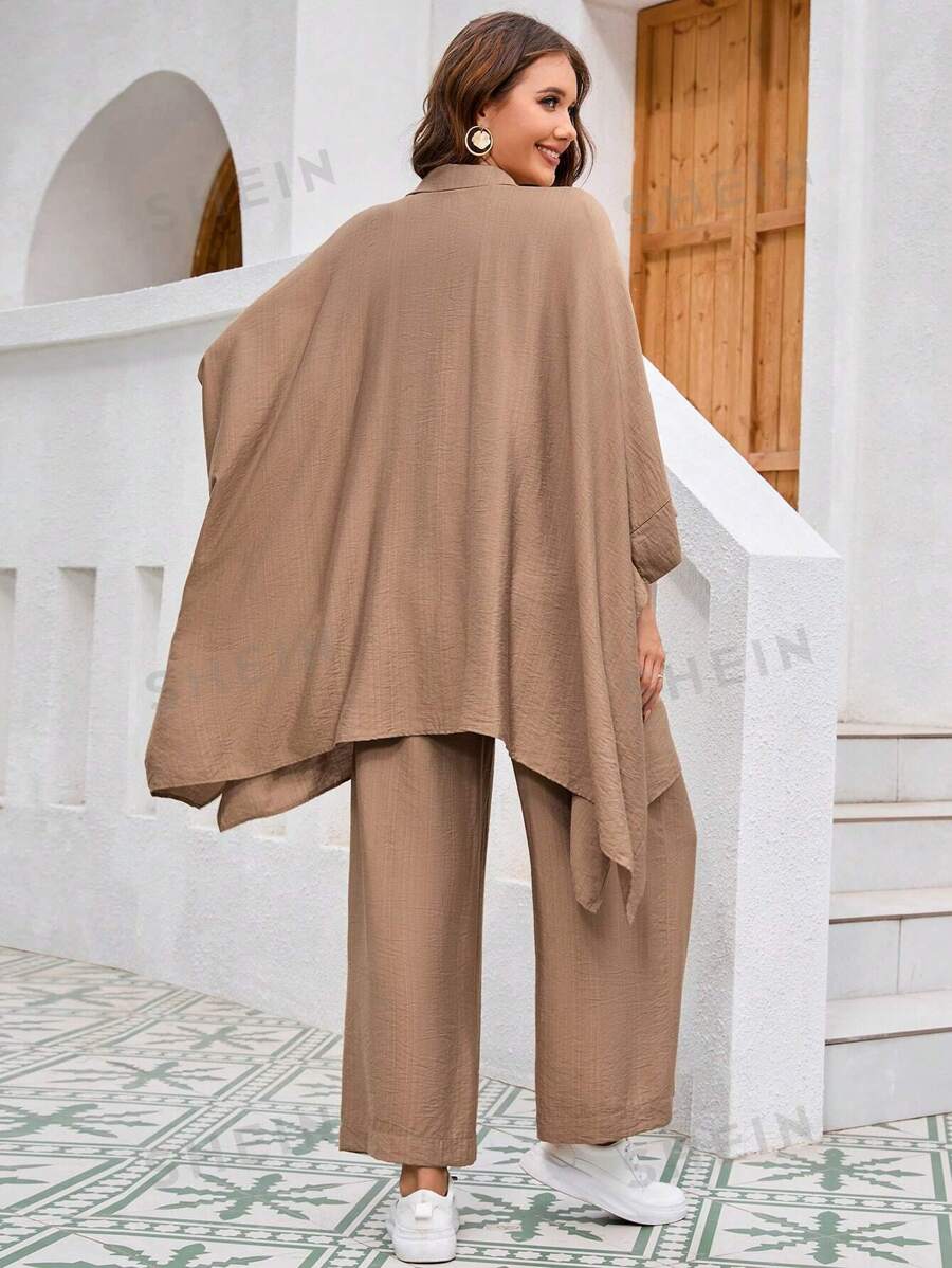طقم نسائي (قطعتين): قميص بأكمام خفاش وبنطلون بلون سادة من مولفاري - شي إن
