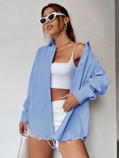 قميص فضفاض بلون سادة وأكتاف منسدلة من إيزي وير – شي إن
