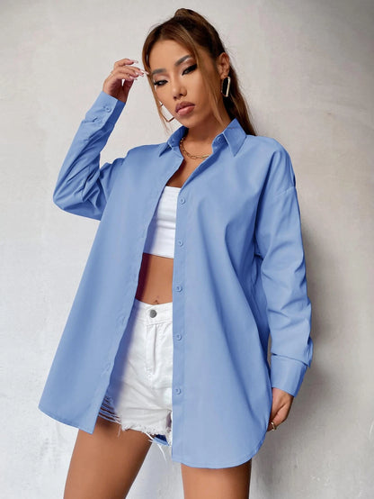 قميص فضفاض بلون سادة وأكتاف منسدلة من إيزي وير – شي إن
