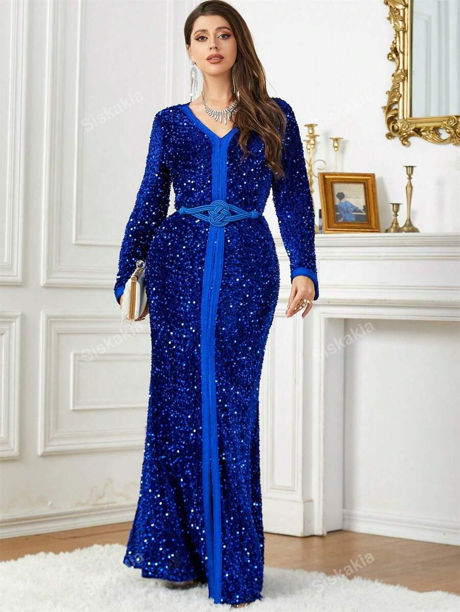 SISKAKIA Contrast Sequin Belted Split Thigh Floor Length Prom Dress