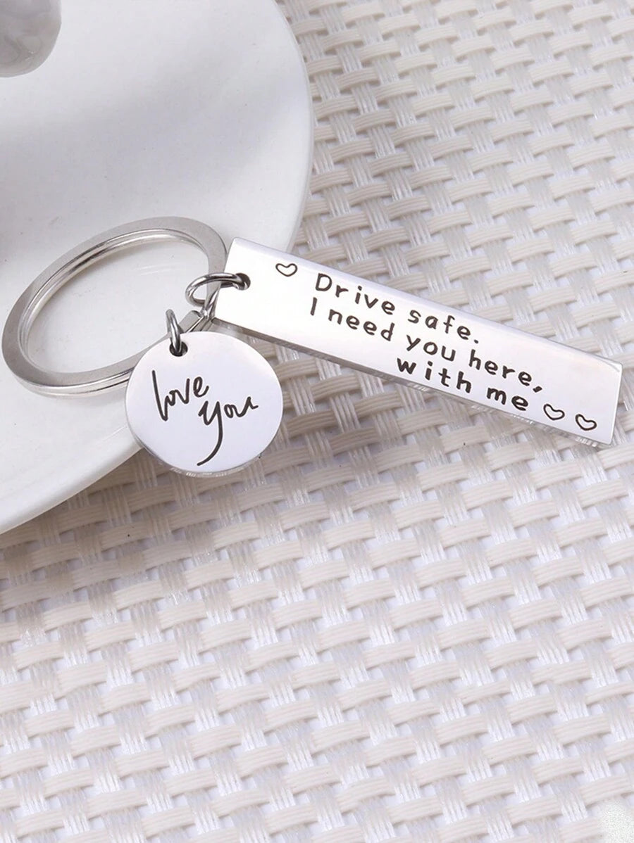 Street 1pc Unisex Stainless Steel Keychain With Road Safety Slogan For Car, Bag, Gift Giving